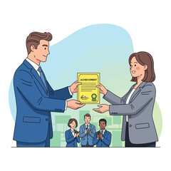 Employee recognition illustration a man handing a certificate of achievement to a woman with colleagues applauding in the background