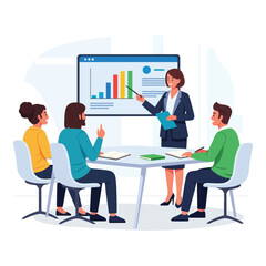 Business presentation with a female leader showing data charts to a diverse team vector illustration for corporate training and strategy meetings