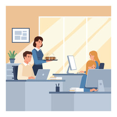 Office scene with employees working at desks a waitress serving coffee vector illustration for business and workplace concepts