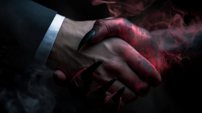 Handshake between businessman and devil metaphor for unethical deal or corruption