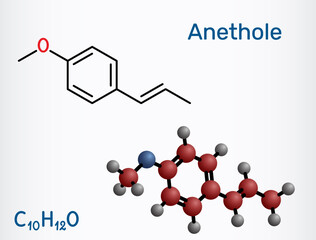 Anethole molecule (E-anethole). Flavor compound from anise and fennel, sweet aroma for flavor and fragrance. Structural chemical formula, molecule model. Vector illustration