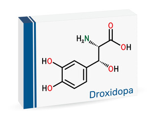 Droxidopa, L-DOPS molecule. For treating neurogenic orthostatic hypotension, Parkinson’s disease. Skeletal chemical formula. Paper packaging for drugs. Vector illustration