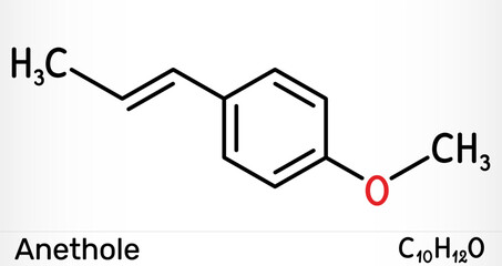 Anethole molecule (E-anethole). Flavor compound from anise and fennel, sweet aroma for flavor and fragrance. Skeletal chemical formula. Vector illustration
