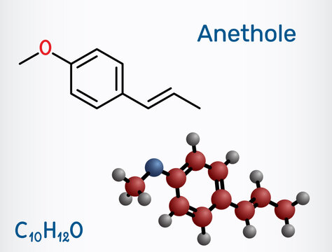 Anethole molecule (E-anethole). Flavor compound from anise and fennel, sweet aroma for flavor and fragrance. Structural chemical formula, molecule model. Vector illustration