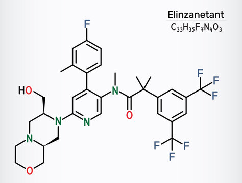 Elinzanetant molecule. Neurokinin 1 and 3 receptor antagonist for treatment of vasomotor menopausal symptoms. Vector illustration