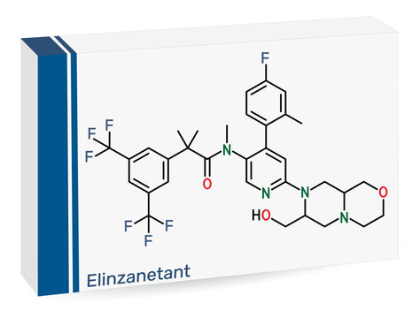 Elinzanetant molecule. Neurokinin 1 and 3 receptor antagonist for treatment of vasomotor menopausal symptoms. Skeletal chemical formula. Paper packaging for drugs. Vector illustration