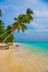 Obraz premium Tranquil closeup calm sea water waves with palm trees. Beautiful Panorama, Tropical island beach landscape exotic shore coast. Summer vacation, holiday amazing nature. Relax paradise, Maldives.