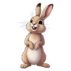 Happy cartoon rabbit standing upright with a joyful smile long ears and a white belly.