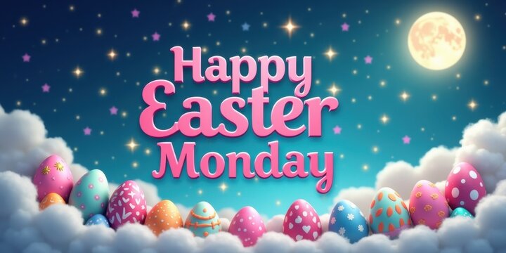 Happy easter monday greeting with colorful eggs and moonlit sky - Powered by Adobe