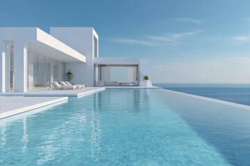 Fototapeta premium Luxury Villa With an Infinity Pool Overlooking the Ocean in a Clear Sky Setting During the Day
