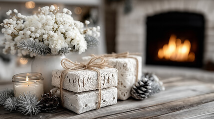 white vase, white flowers, candles, soft gray background, gentle bokeh effect, serene ambiance, minimalist decor, elegant tabletop arrangement,