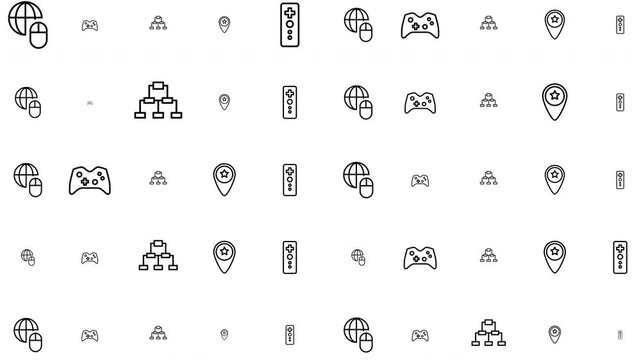 Gaming controllers and location pins icons set, digital graphic collection, flat design, technology and navigation symbols, user interface elements