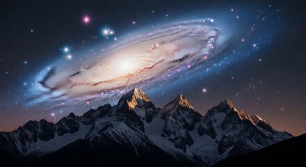 Fototapeta premium Mountain Peaks Foreground and Galaxy Stars Background