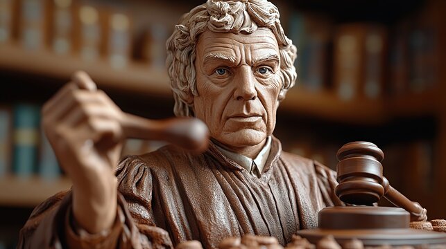 Judge figurine in traditional robes raising gavel in courtroom with law books blending authority symbolism and craftsmanship in tribute scene