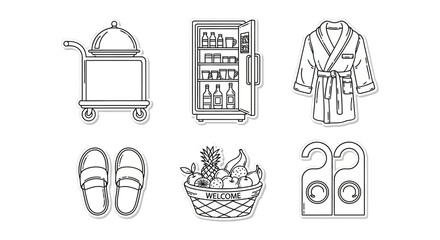 Hotel amenities icons room service cart mini bar bathrobe slippers welcome fruit basket and privacy sign offer comfort and convenience for travelers.