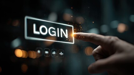 Digital Finger Touching Login Button on Screen with Glowing Effect