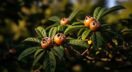 Medlar Fruit Growing On A Branch With Lush Green Leaves Nature's Beauty Display