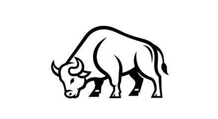 Monochrome Illustration of a Bull Grazing with Head Down.