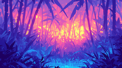 Jungle with dense trees, vines, and exotic digital art