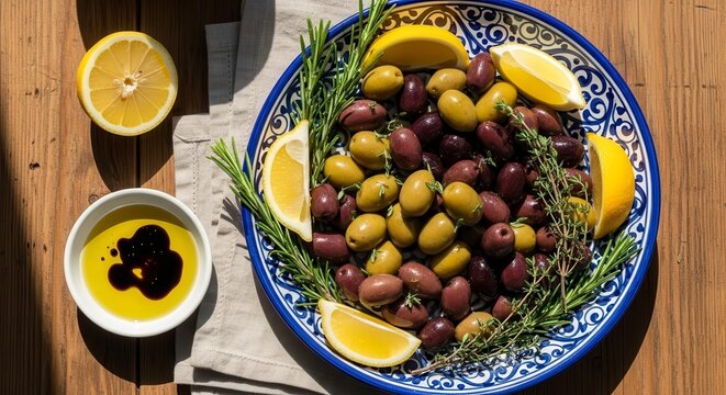 Mediterranean Dish: Olives, Lemon, Herbs and Olive Oil, a Sunny Composition