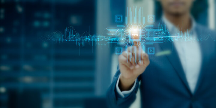 VPN (Virtual Private Network) technology concept — business professional activating secure digital interface symbolizing cybersecurity, data protection, encrypted connection