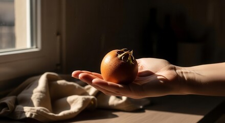 Medlar Fruit, Held In A Hand, Bathed In Sunlight, Organic Food, Close Up Focus