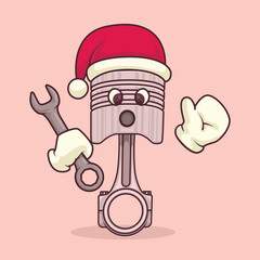 Cartoon piston with Santa hat, beard, and mustache waving cheerfully for mechanical Christmas and workshop themes.