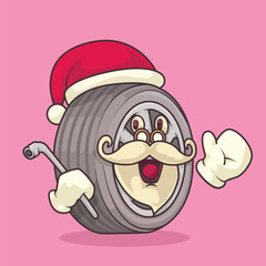 Isolated modern cartoon of a combination wrench wearing a Santa hat, white beard, and mustache while waving. Perfect for mechanical Christmas themes, engineering holidays, workshop promotions, and fes