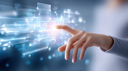 Human hand touching glowing virtual screen, interacting with futuristic digital interface and data