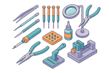 Collection of isometric precision tools for electronic device repair and maintenance