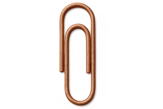 Copper colored metal paper clip, a common office supply. Attaching documents and keeping pages together with this fastener