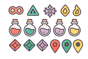 Collection of fantasy game icons featuring magic potions, precious gems, location markers, and elemental symbols © Andrei