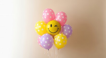 A colorful balloon bouquet with a winking smiley face. Polka dot balloons in soft pastel colors for a party celebration. Joyconomy concept with copy space for text