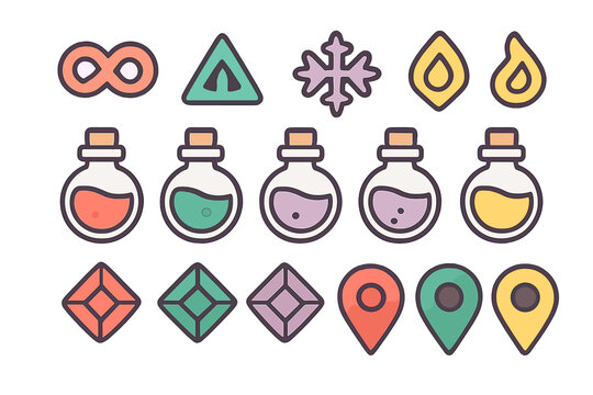 Collection of fantasy game icons featuring magic potions, precious gems, location markers, and elemental symbols