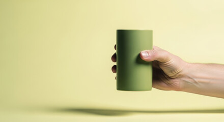Person Holding Green Ceramic Cup Against Light Yellow Background Stylish Minimalist Still Life Focus On Cup in Hand Simplicity And Contemporary Design