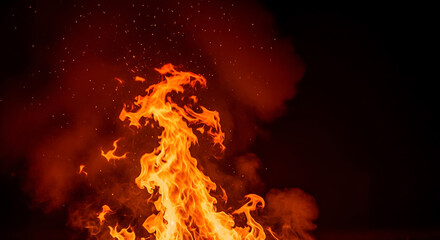 Bright orange flames and sparks rise against a dark background, creating a fiery and intense effect.