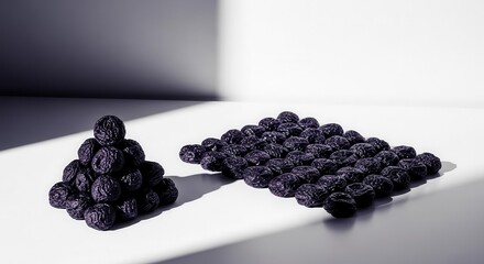 Minimalist Arrangement Of Dark Fruits: A Study In Form, Light, And Shadow