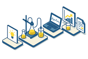 Scientific research process flow from laboratory experiment to data analysis and new idea generation
