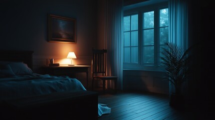 Moody bedroom at night, illuminated by a warm lamp and cool blue light from a large window