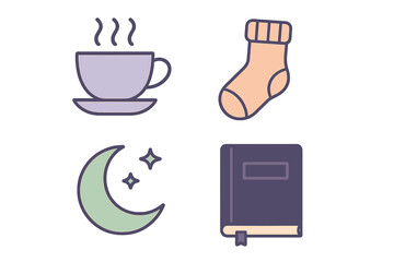Cozy comfort icons featuring hot beverage cup, warm sock, nighttime moon, and reading book