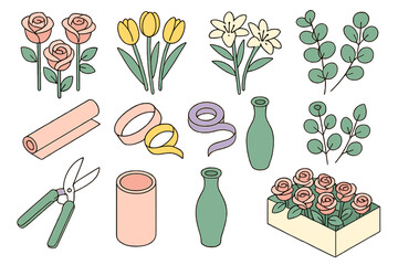 Set of essential floristry tools, supplies, fresh flowers, and decorative elements