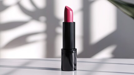 Close-up of a stylish lipstick tube with soft reflection on white surface, highlighting modern cosmetic packaging