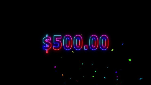 Neon line 600 dollar counting animation and colorful confetti. Counting money and digits increasing. Animated Counter from 0 to 600 with resolution.
