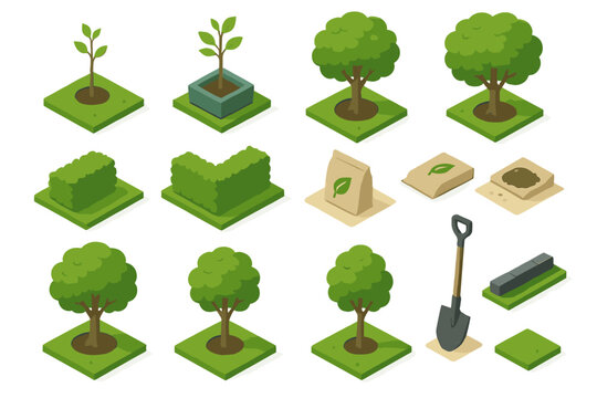 Isometric gardening elements set with trees, bushes, saplings, shovel, and soil bags for landscape design