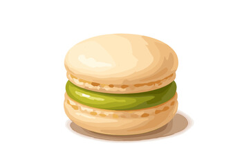 Gourmet French macaron pastry with light beige shells and vibrant green cream filling