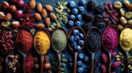 Vibrant Assortment of Spices and Fruits Spread on Dark Background