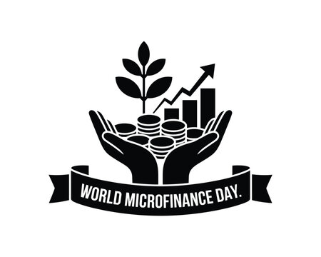 Hands holding coins plant and growth chart with world microfinance day 