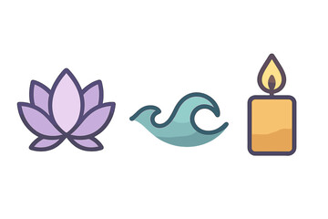 Lotus flower, ocean wave, and burning candle symbols for spa, wellness, and meditation