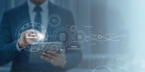 Task Management concept in corporate workflow — business professional using digital tablet with futuristic process automation interface representing productivity, efficiency, and smart project