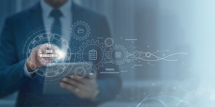 Task Management concept in corporate workflow — business professional using digital tablet with futuristic process automation interface representing productivity, efficiency, and smart project